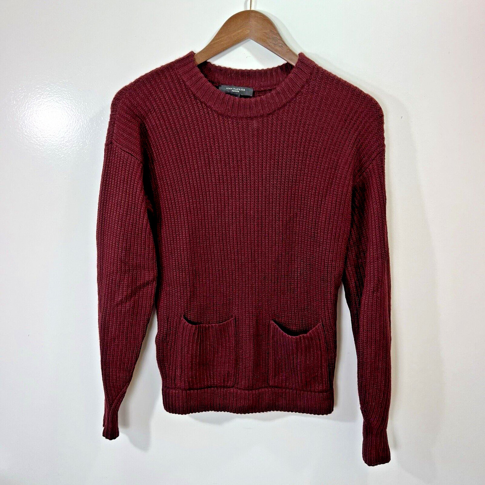 Women’s Ribbed Merino Wool Sweater Size XS P Pockets Burgundy‎ Minimalist Luxury